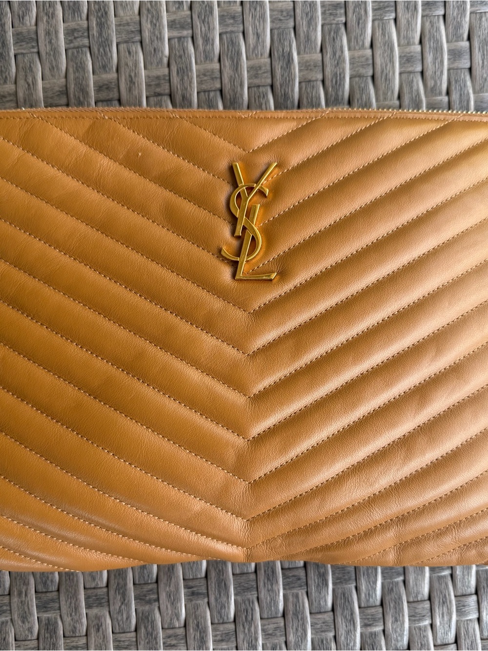 Saint Laurent Chevron Quilted Clutch in Tan Camel with Gold Logo